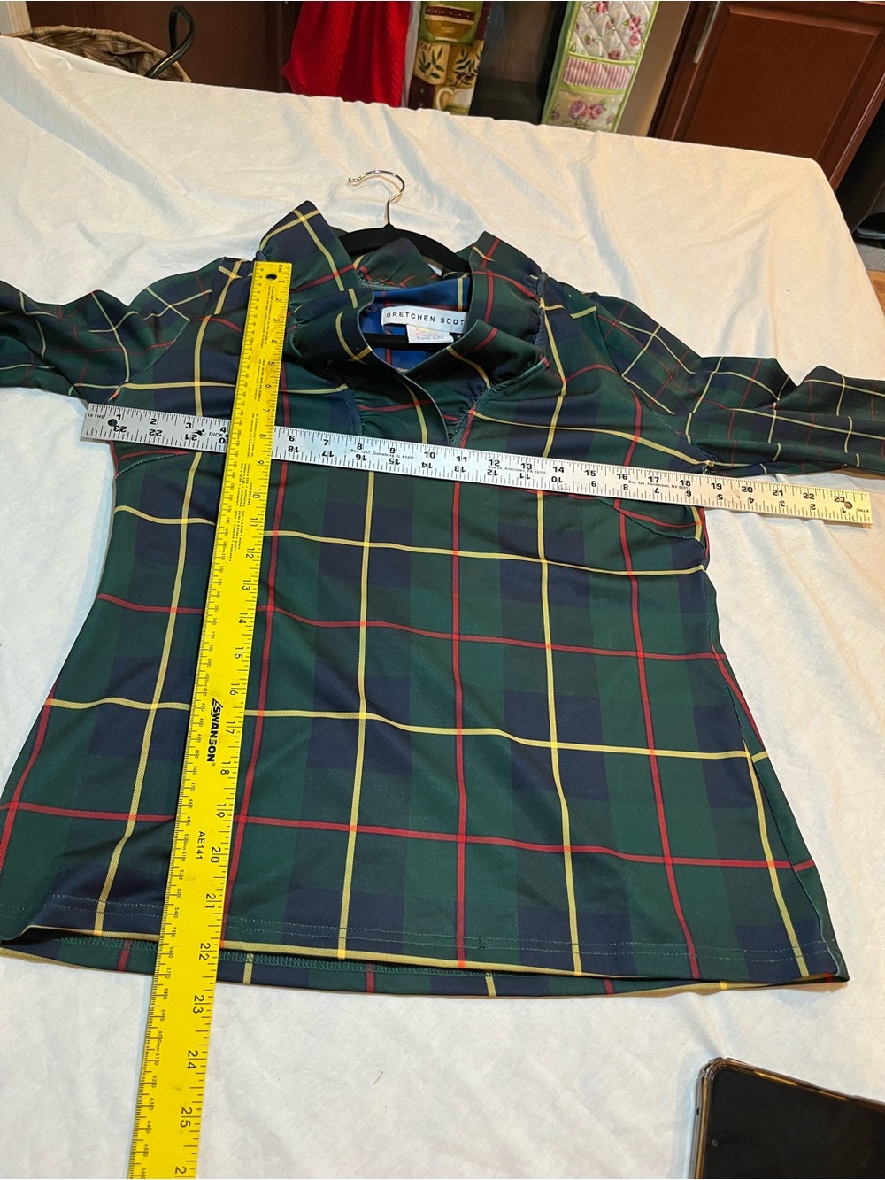 Gretchen Scott  Green Plaid Cowl Neck Top size small - Picture 3 of 6